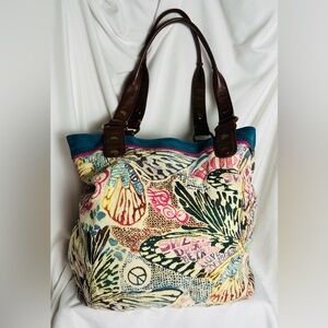 Y2K VTG - Lucky Brand Butterfly Print Canvas Tote w/ Leather trim/straps